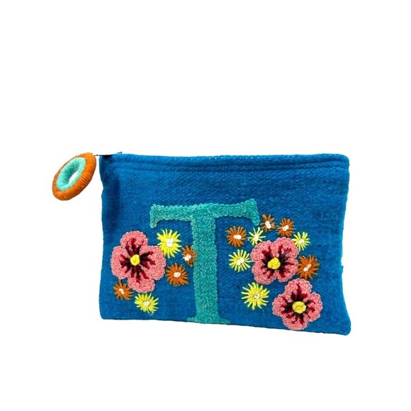 Jenny Krauss Handbags - Jenny Krauss Love Letters Initial T Blue Embroidered Wool Makeup Bag Clutch